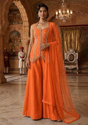 Orange Embroidered Handwork Sharara Set