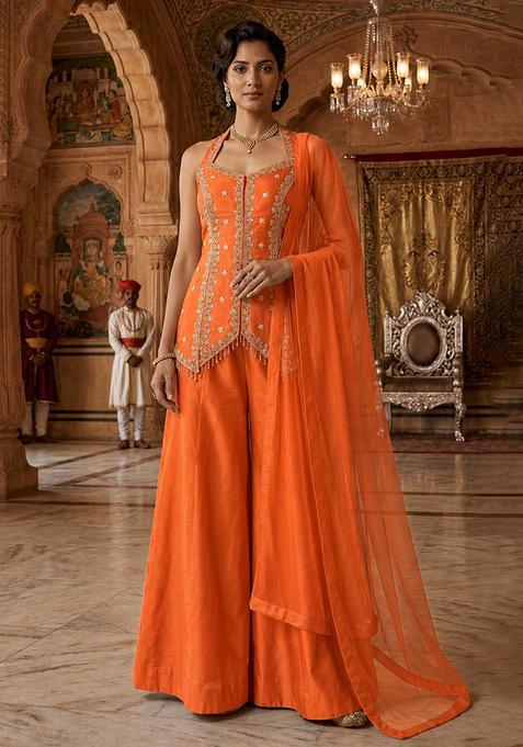 Orange Embroidered Handwork Sharara Set