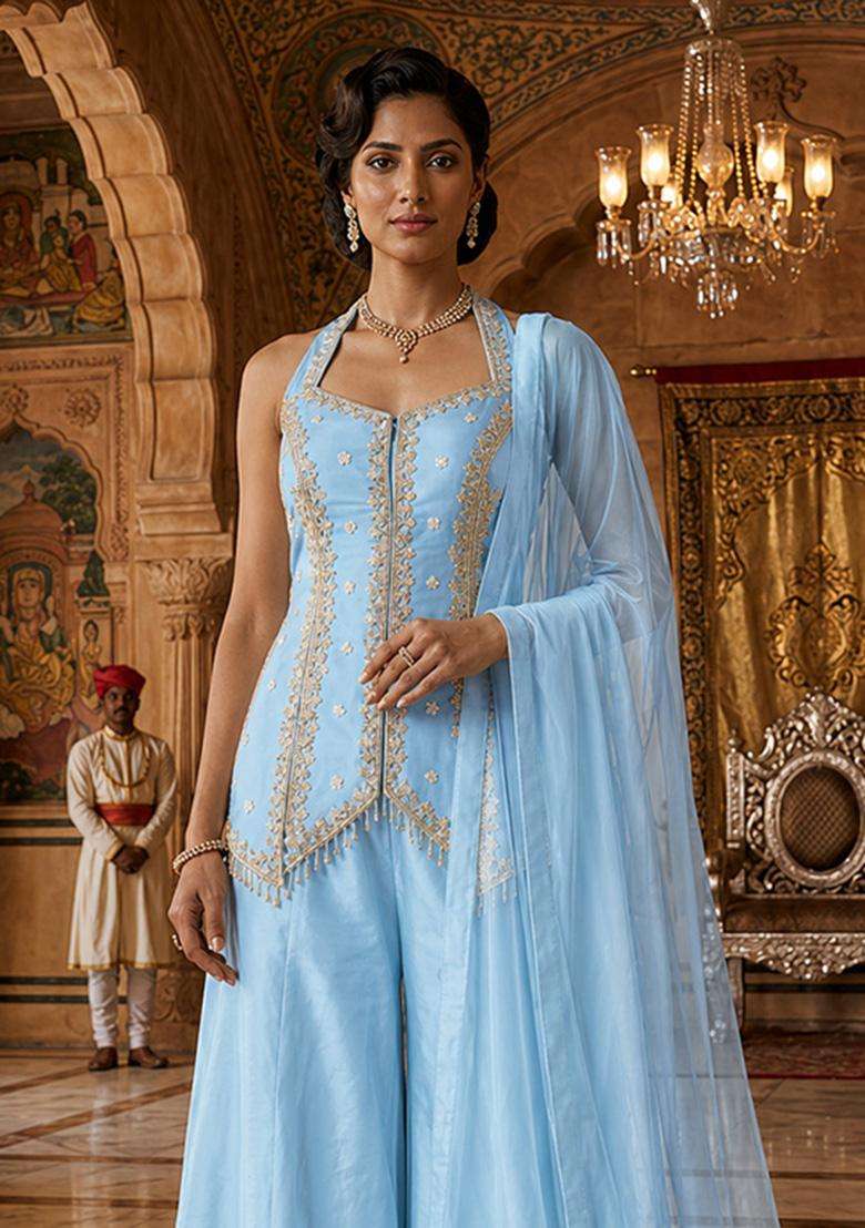 Blue Embroidered Handwork Sharara Set - Indya