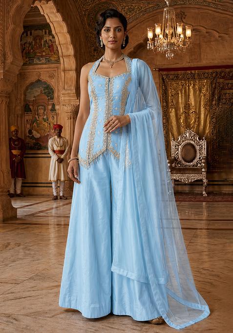 Blue Embroidered Handwork Sharara Set