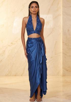 Royal Blue Embroidered Handwork Fusion Set