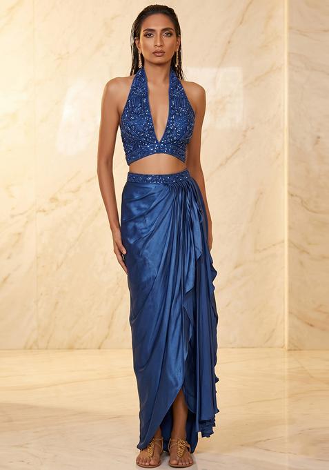 Royal Blue Embroidered Handwork Fusion Set