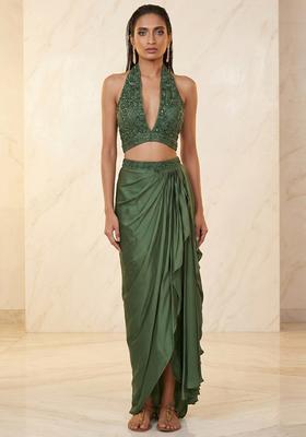 Olive Green Embroidered Handwork Fusion Set