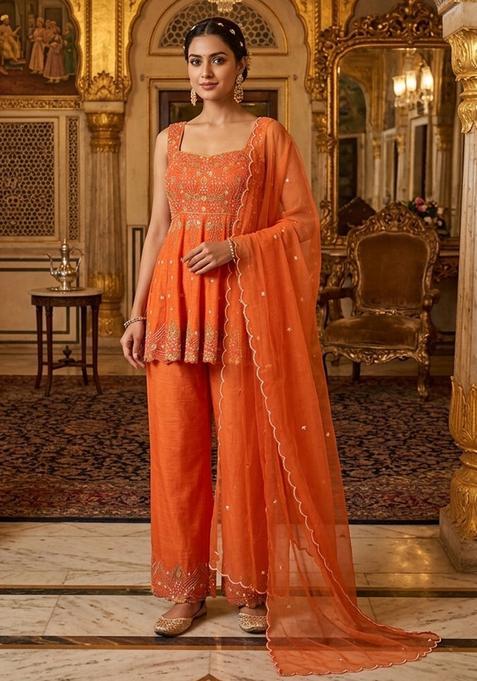 Orange  Embroidered Handwork Kurta Set
