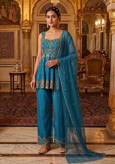 Blue Embroidered Handwork Kurta Set