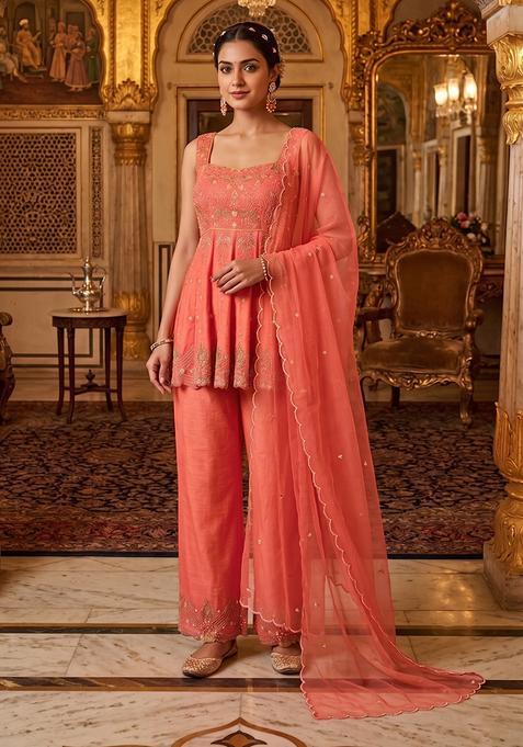Peach Embroidered Handwork Kurta Set