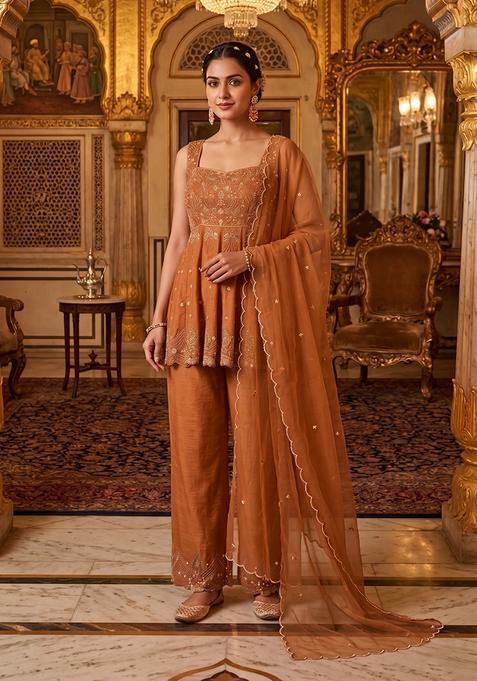 Brown Embroidered Handwork Kurta Set