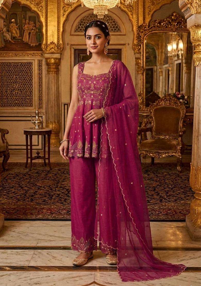 Magenta Embroidered Handwork Kurta Set - Indya