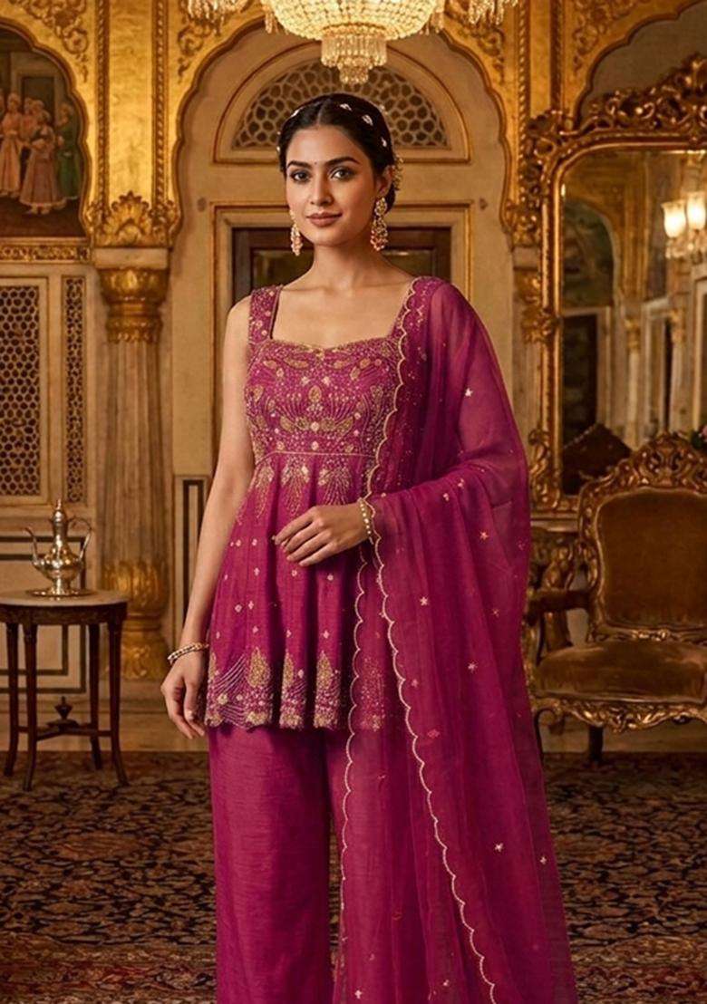 Magenta Embroidered Handwork Kurta Set - Indya