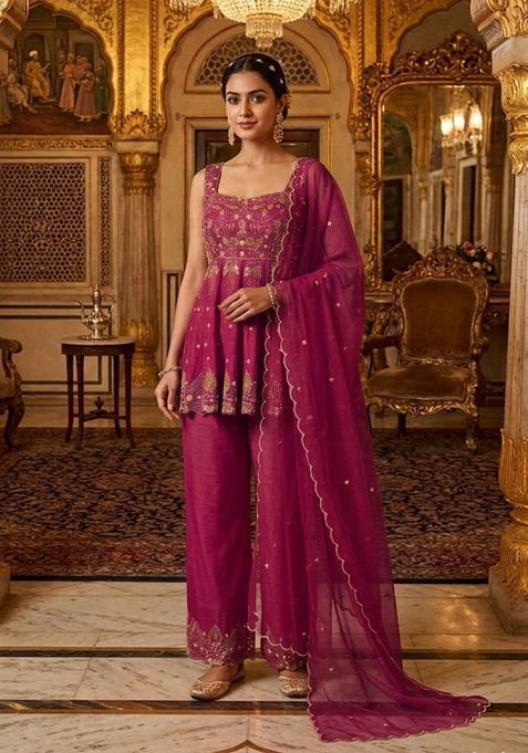 Magenta Embroidered Handwork Kurta Set