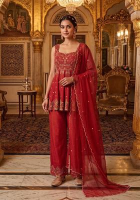 Red Embroidered Handwork Kurta Set