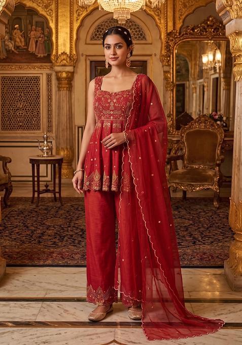 Red Embroidered Handwork Kurta Set