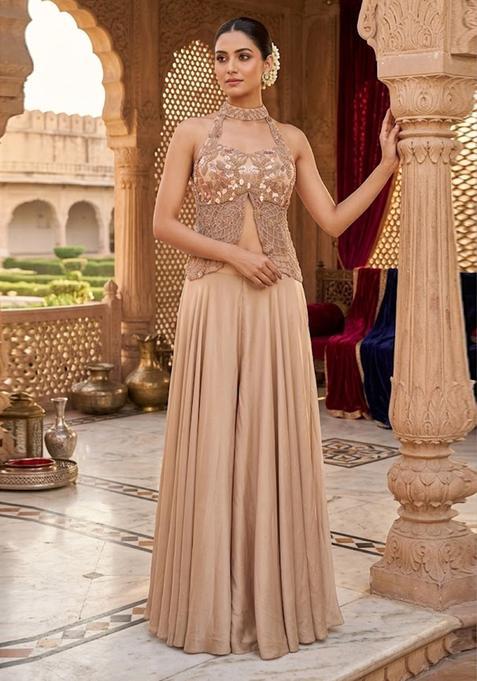 Beige Embroidered Handwork Fusion Set