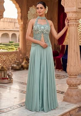 Sea Green Embroidered Handwork Fusion Set
