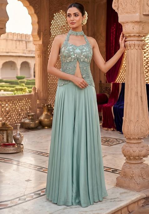 Sea Green Embroidered Handwork Fusion Set