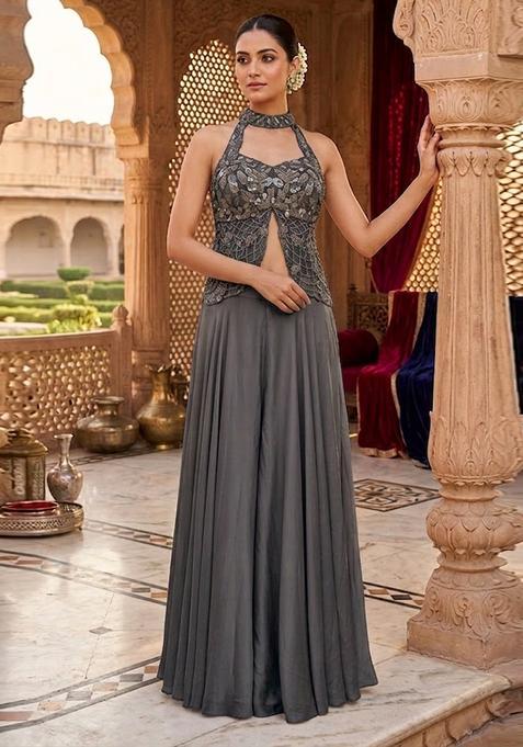 Gray Embroidered Handwork Fusion Set