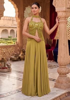 Olive Green Embroidered Handwork Fusion Set