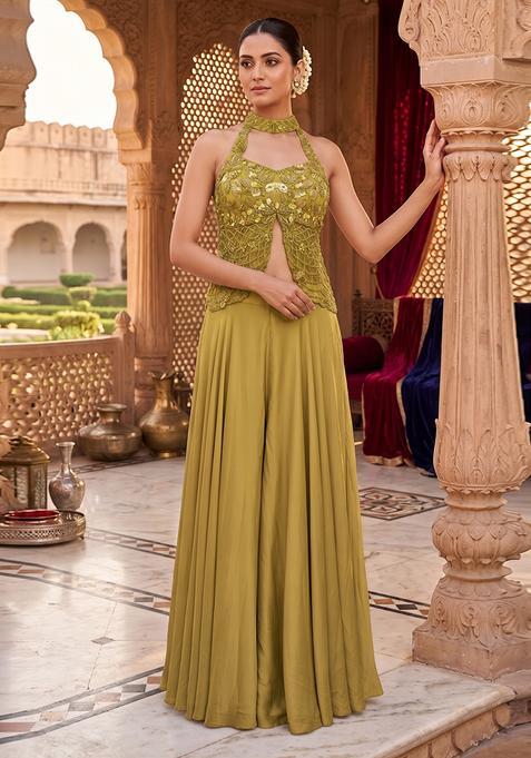 Olive Green Embroidered Handwork Fusion Set