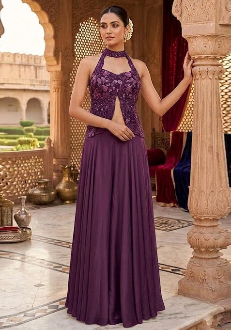 Purple Embroidered Handwork Fusion Set