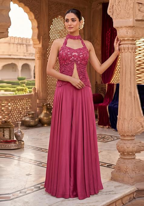 Pink Embroidered Handwork Fusion Set