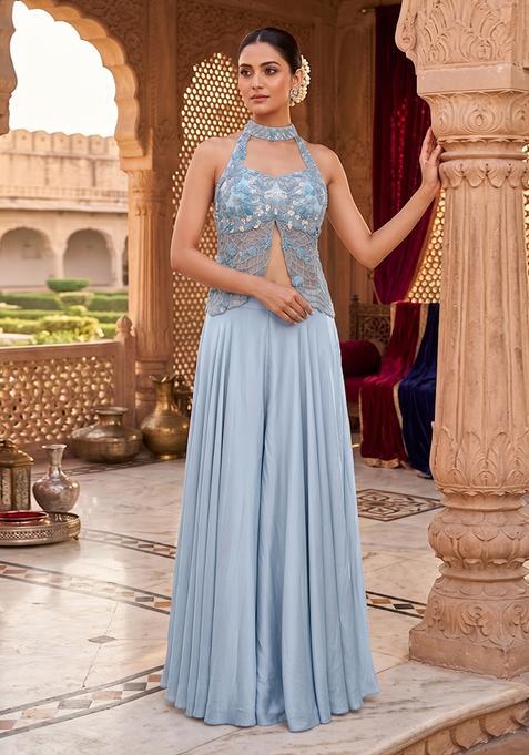 Blue Embroidered Handwork Fusion Set