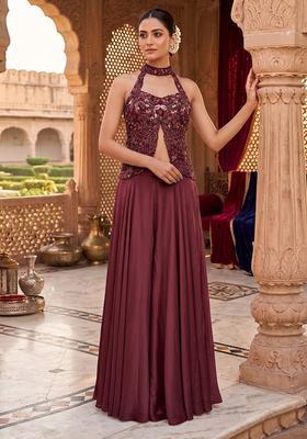 Maroon Embroidered Handwork Fusion Set