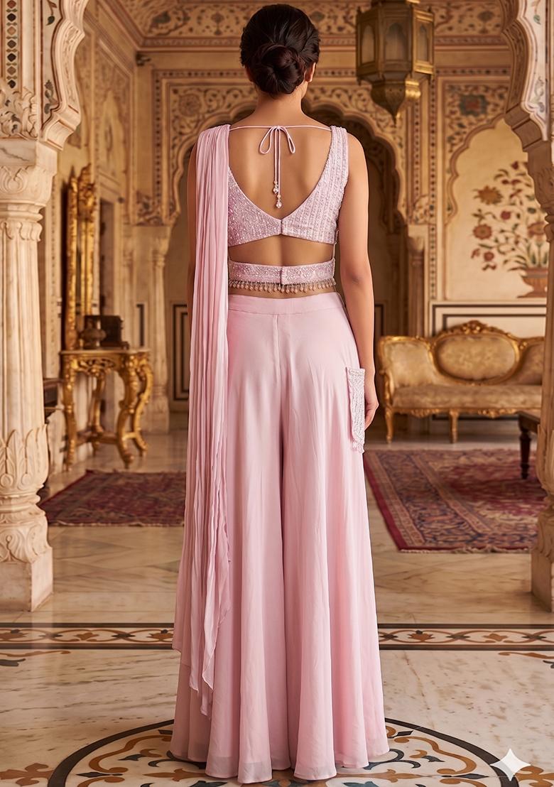 Pink Embroidered Handwork Fusion Set - Indya