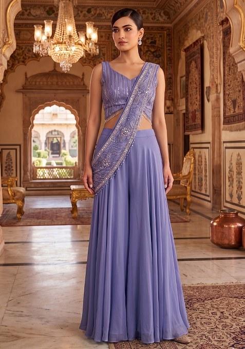 Purple Embroidered Handwork Fusion Set