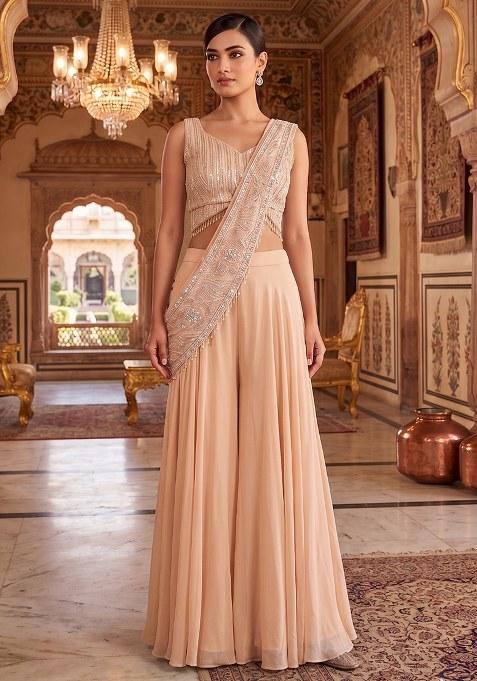 Peach Embroidered Handwork Fusion Set