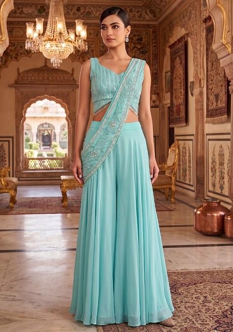 Turquoise Embroidered Handwork Fusion Set