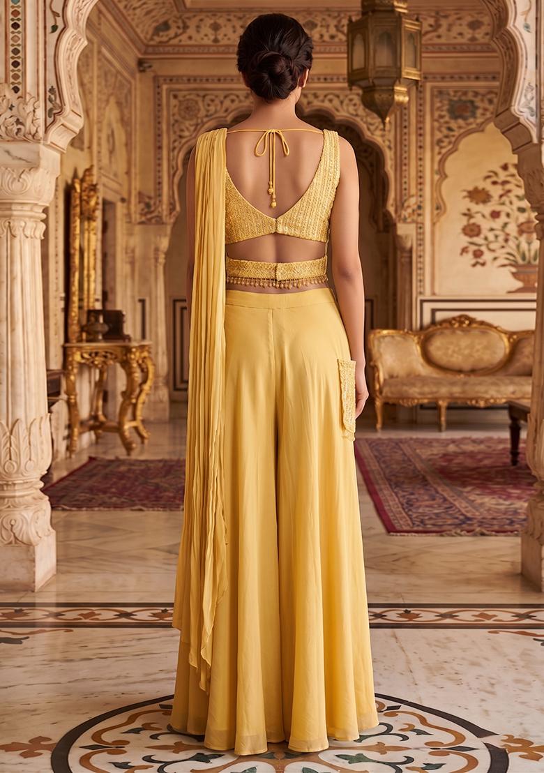 Yellow Embroidered Handwork Fusion Set - Indya