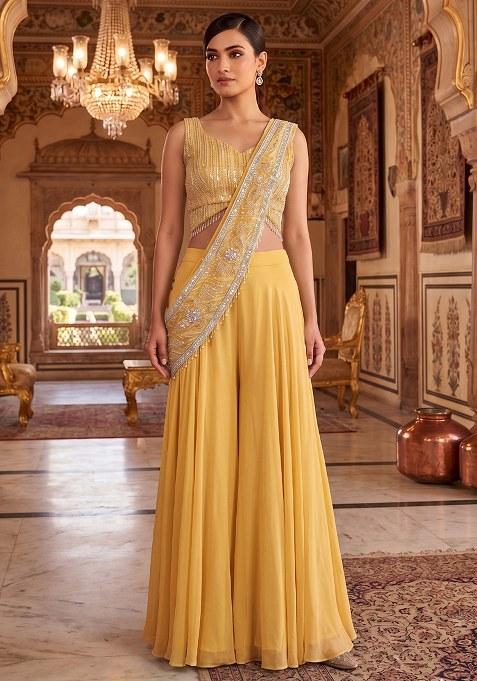 Yellow Embroidered Handwork Fusion Set