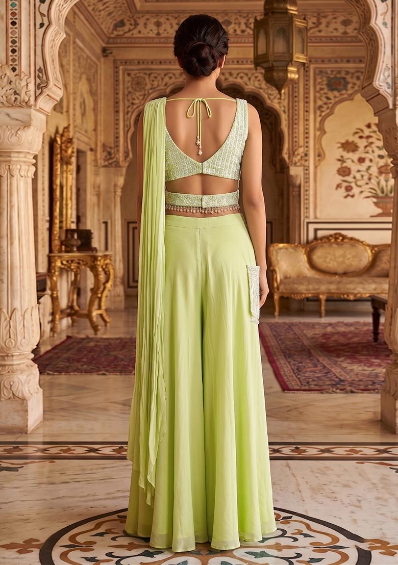 Green Embroidered Handwork Fusion Set - Indya