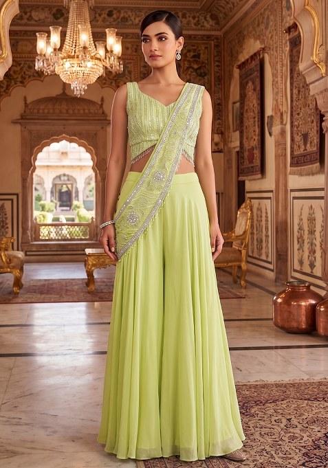 Green Embroidered Handwork Fusion Set