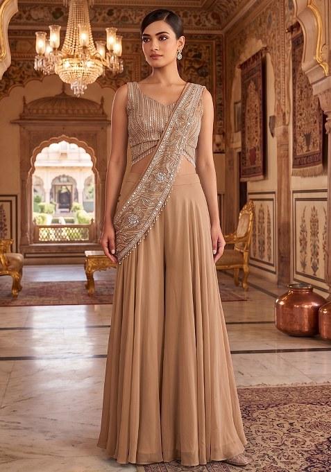 Beige Embroidered Handwork Fusion Set