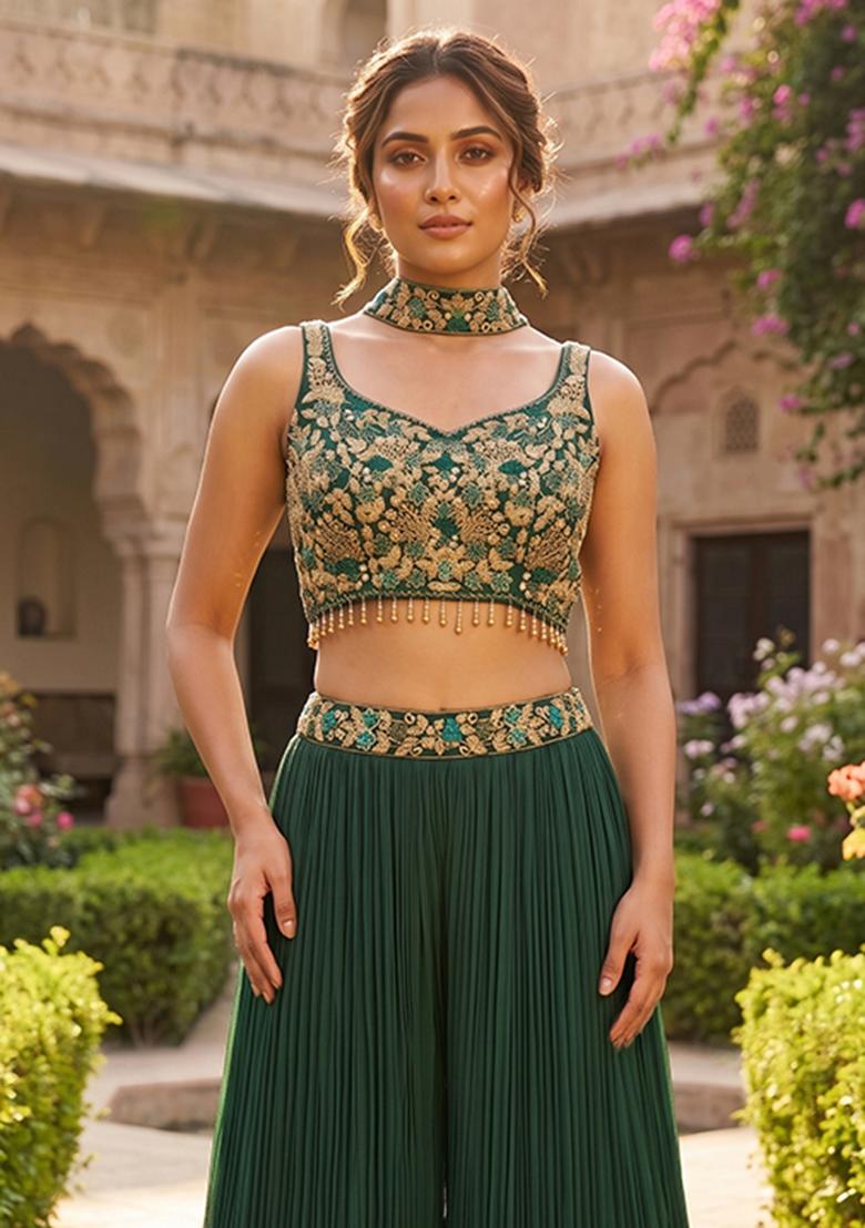Dark Green Embroidered Handwork Fusion Set - Indya
