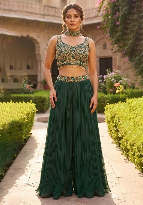 Dark Green Embroidered Handwork Fusion Set