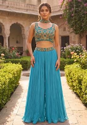 Blue Embroidered Handwork Fusion Set
