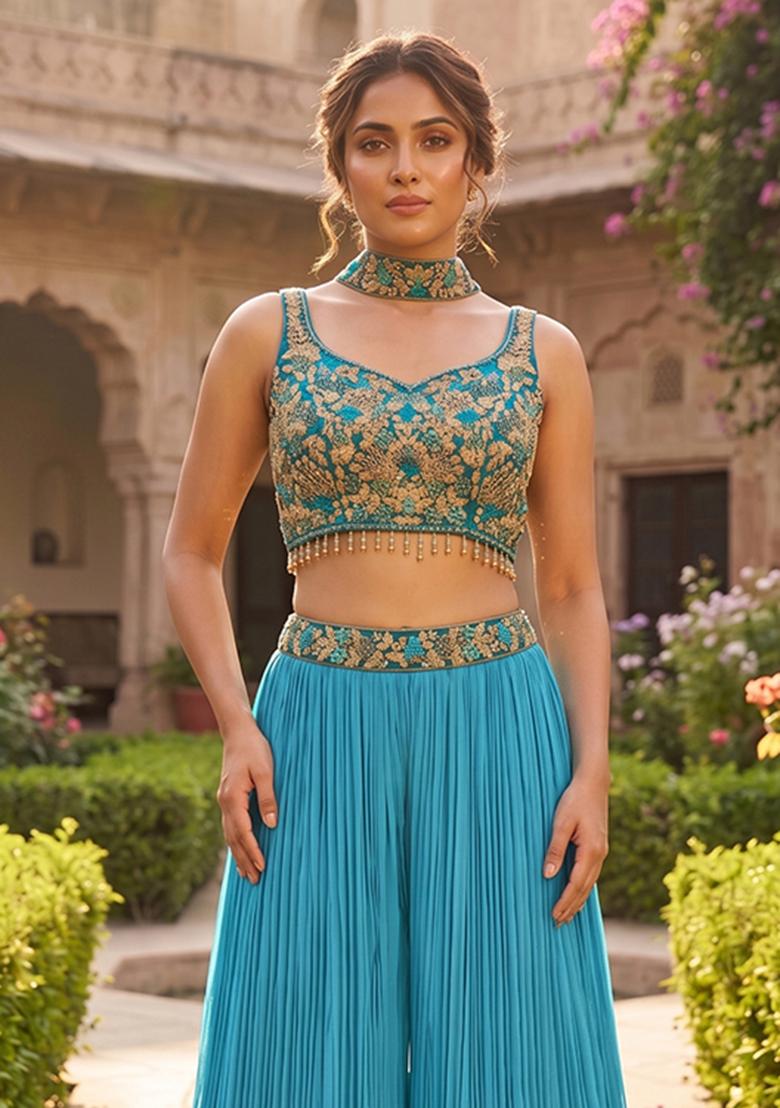 Blue Embroidered Handwork Fusion Set - Indya