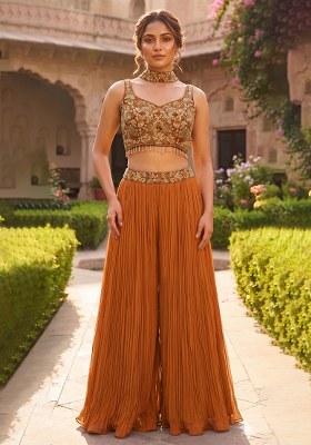 Brown Embroidered Handwork Fusion Set