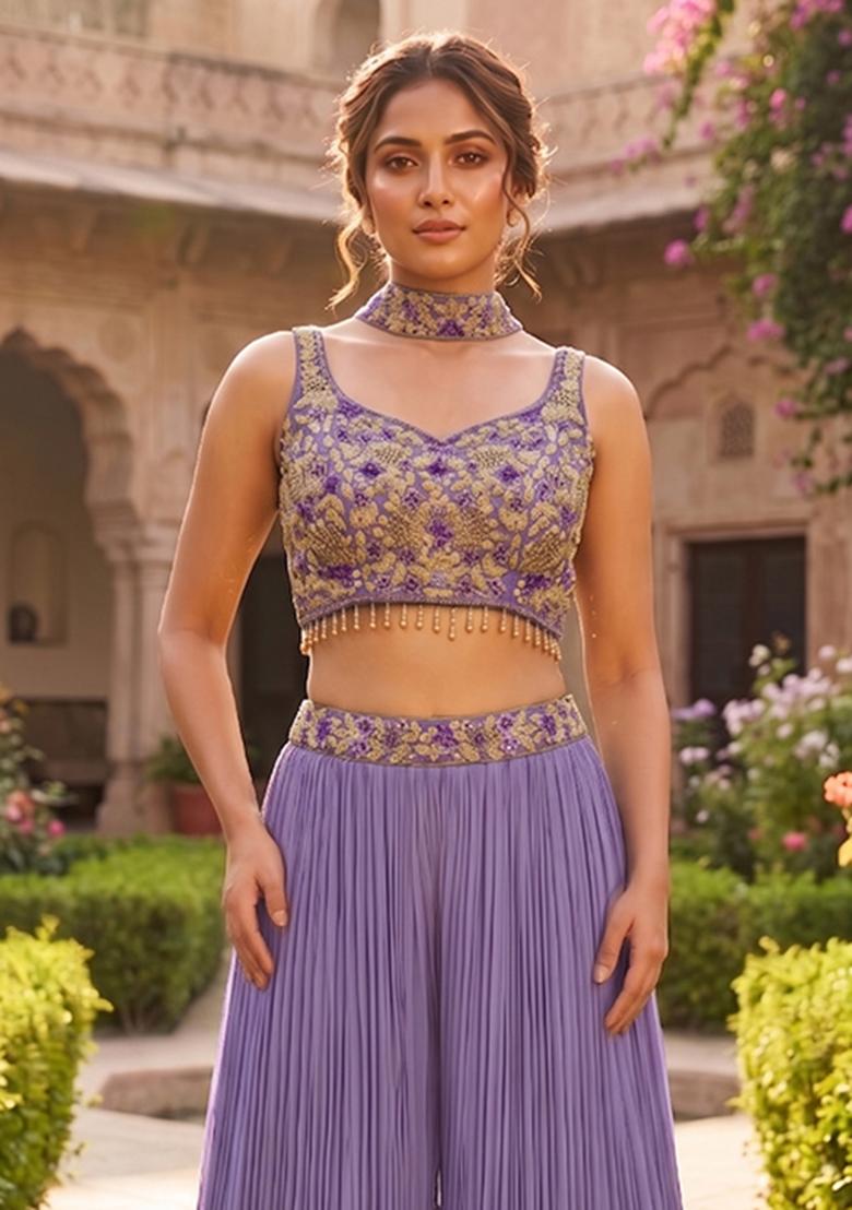 Lavender Embroidered Handwork Fusion Set - Indya