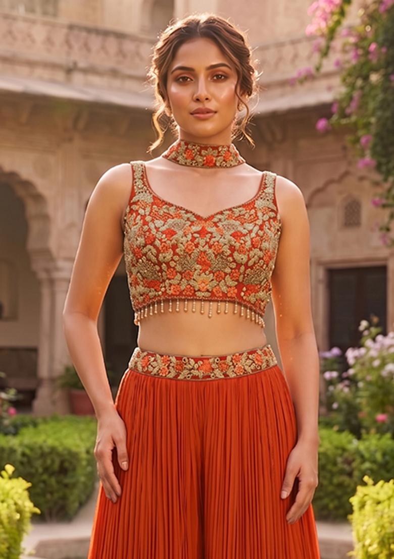 Orange Embroidered Handwork Fusion Set - Indya
