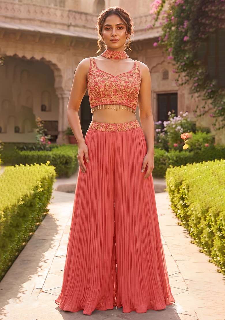 Rose Pink Embroidered Handwork Fusion Set - Indya