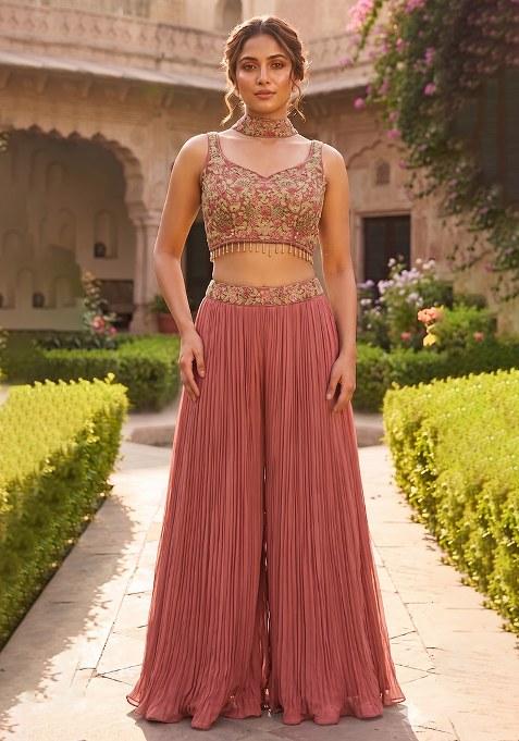 Rose Pink Embroidered Handwork Fusion Set
