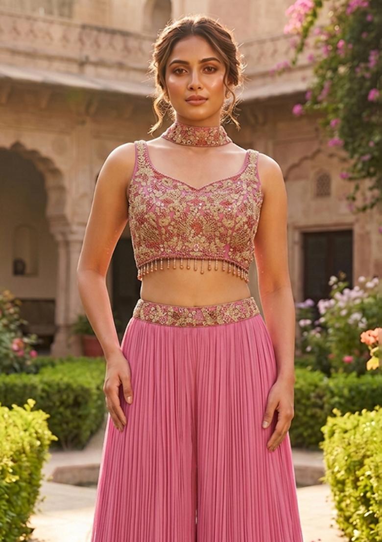 Pink Embroidered Handwork Fusion Set - Indya