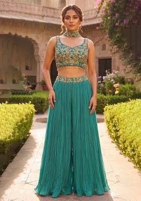 Turquoise Embroidered Handwork Fusion Set