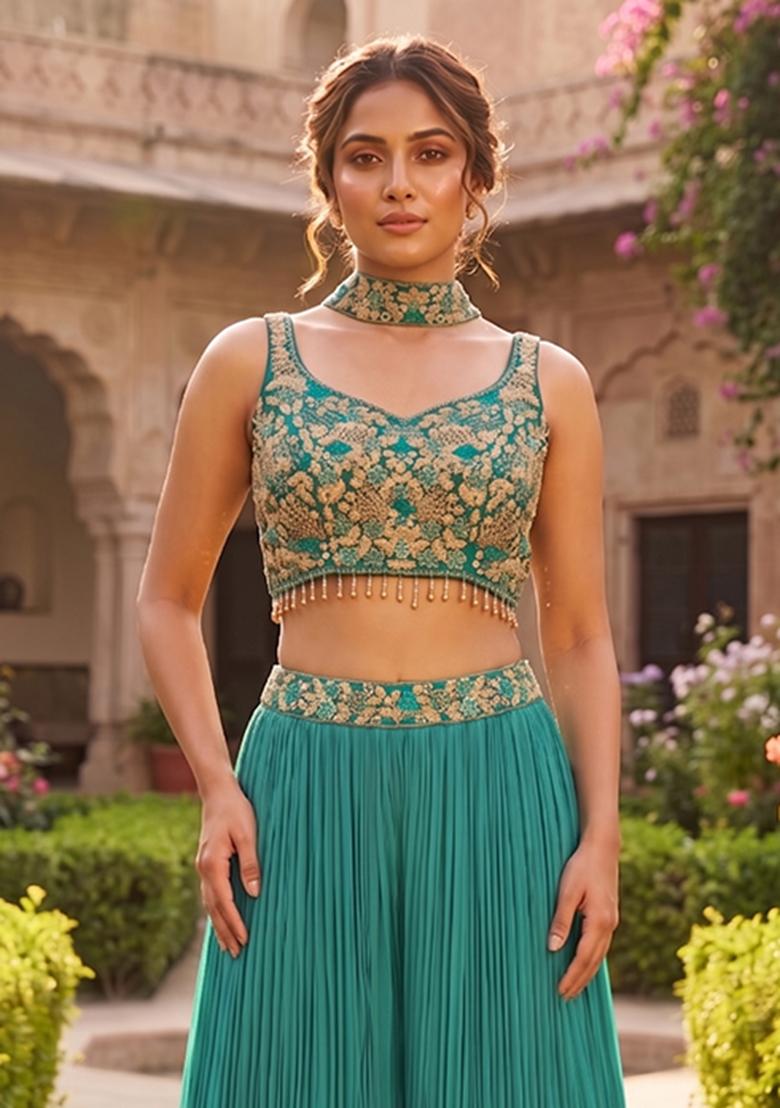 Turquoise Embroidered Handwork Fusion Set - Indya