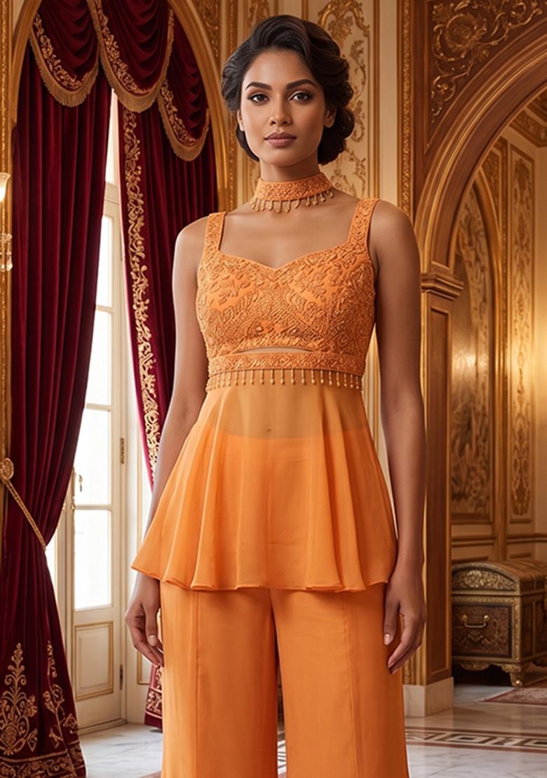 Orange Embroidered Handwork Fusion Set - Indya
