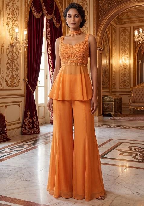Orange Embroidered Handwork Fusion Set