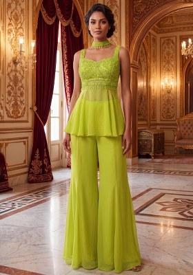 Green Embroidered Handwork Fusion Set